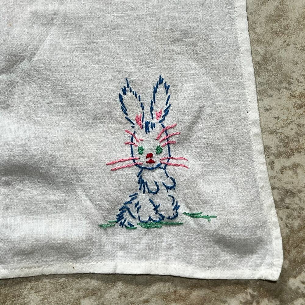 Vintage Embroidered Bunny Tea Towel White Cotton Colorful Stitch Kitchen Decor